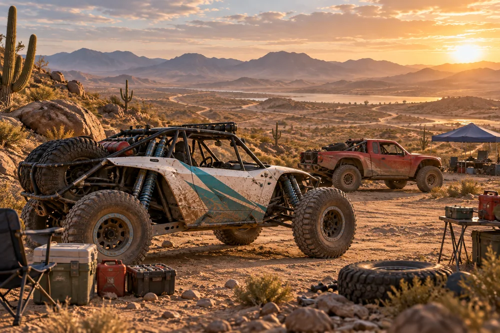 Escena ilustrada de vehículos offroad reunidos en una parada en el desierto